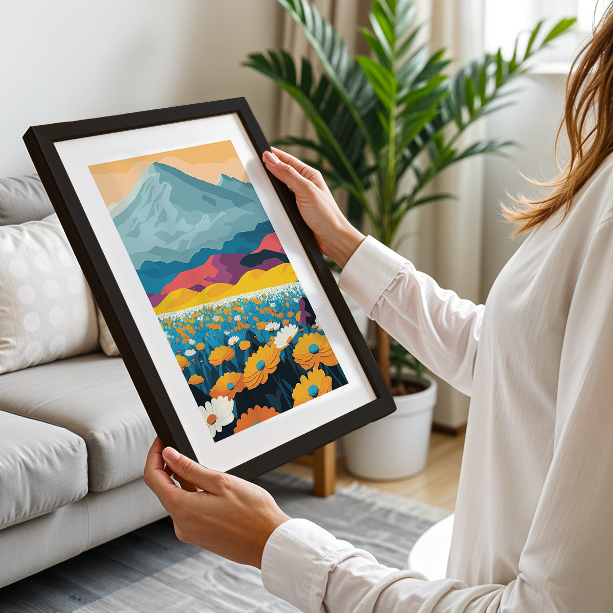 Mountain & Wildflower Landscape Wall Frame – Set of 1