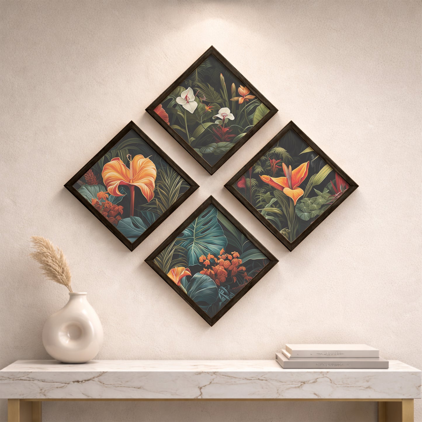 Tropical Botanical Floral Wall Frame Set of 4