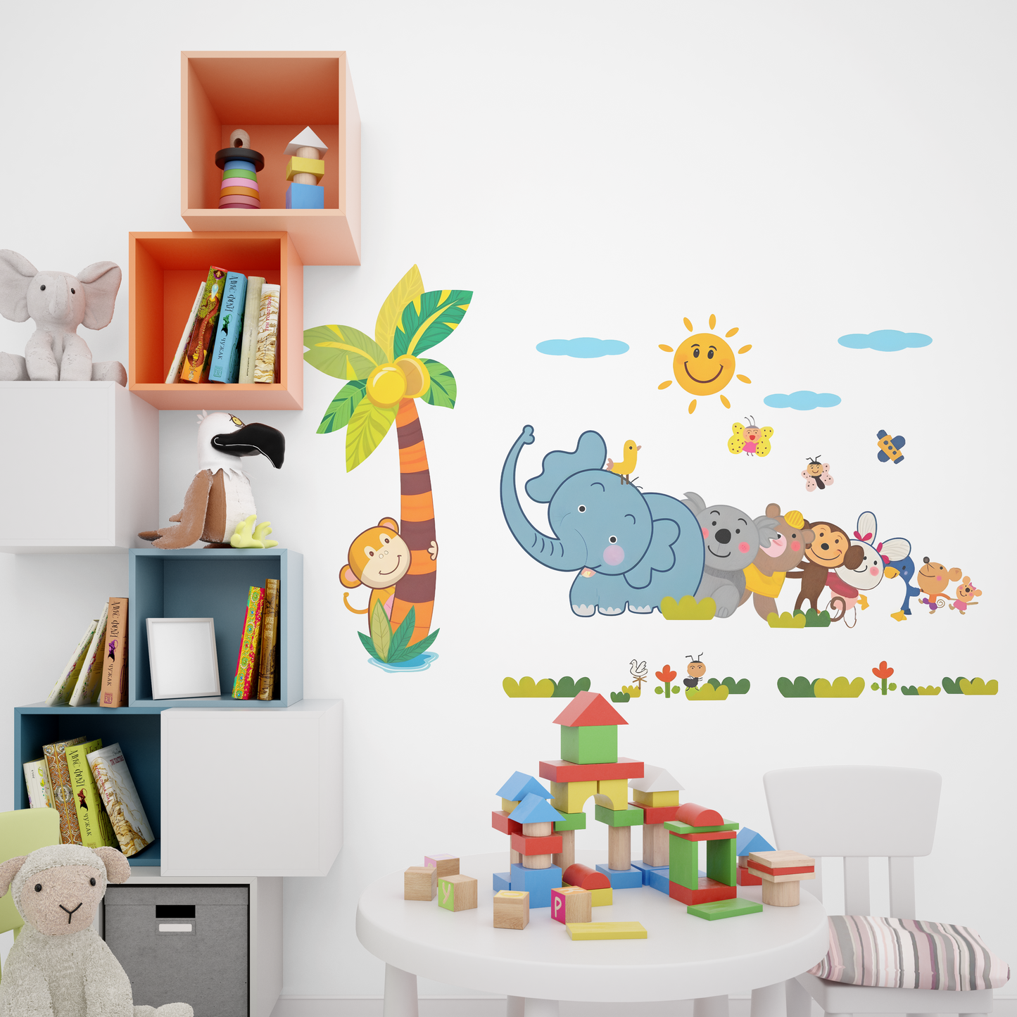 Happy Line of Cartoon Jungle Animals Wall Sticker