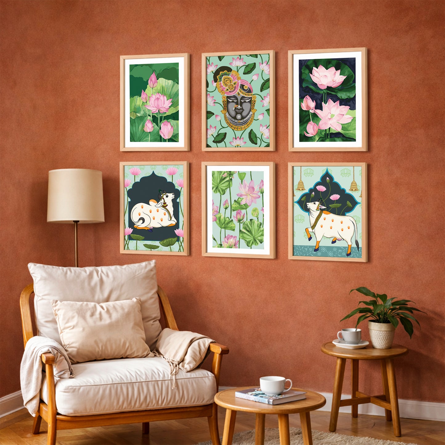 Lotus & Krishna Spiritual Art Wall Frame Set of 6