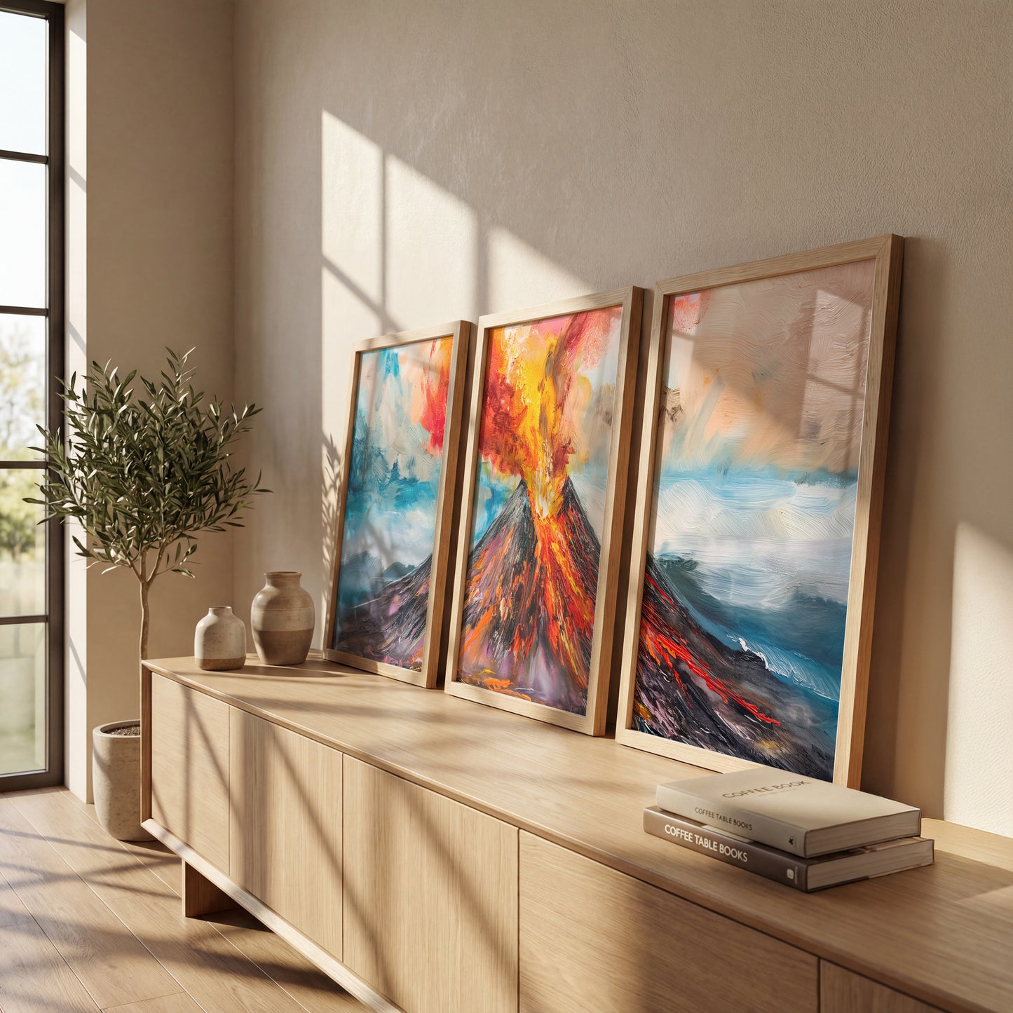 Erupting Volcano Landscape Wall Frames Set of 3