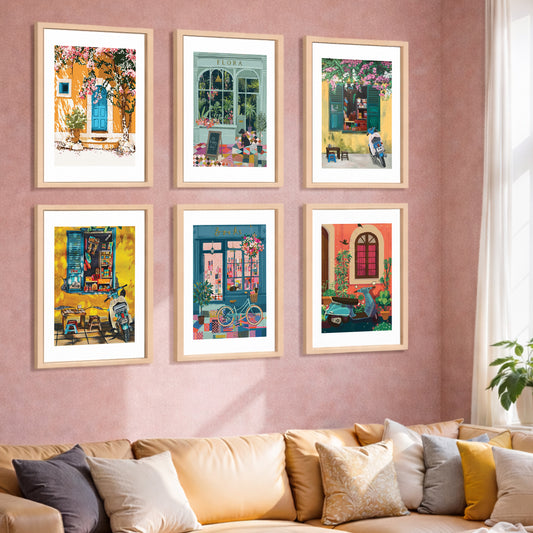 Mediterranean Café & Street Art Wall Frame Set of 6