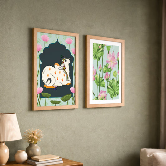Sacred Cow & Lotus Art Wall Frame Set of 2