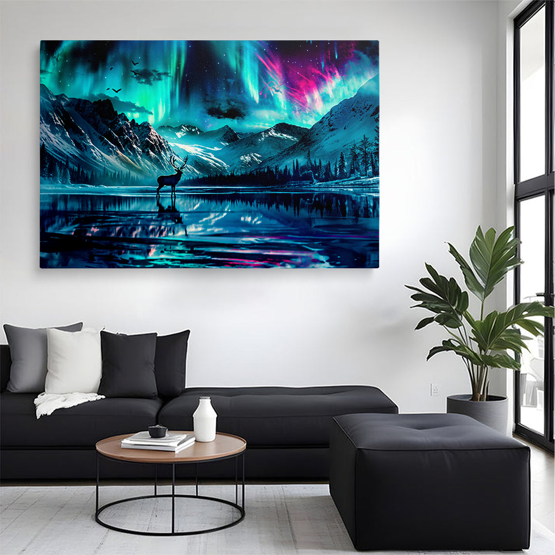 Deer Silhouette Northern Lights Lake Reflection Print Canvas