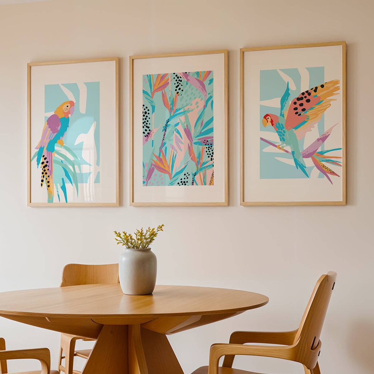 Pastel Paradise Parrots Wall Frame Set of 3
