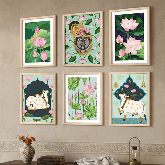 Lotus & Krishna Spiritual Art Wall Frame Set of 6