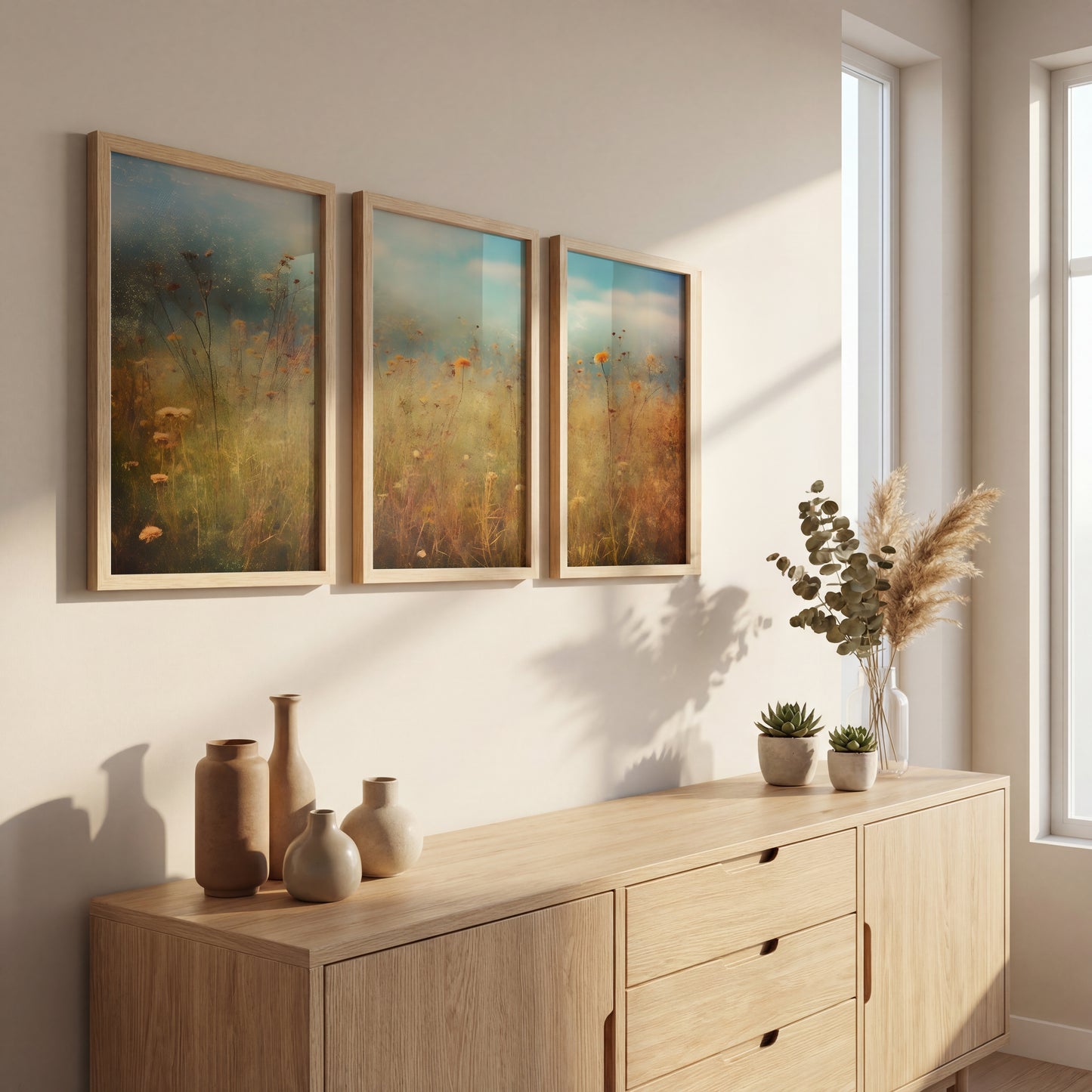 Pastel Wildflower Field Framed Prints Set of 3