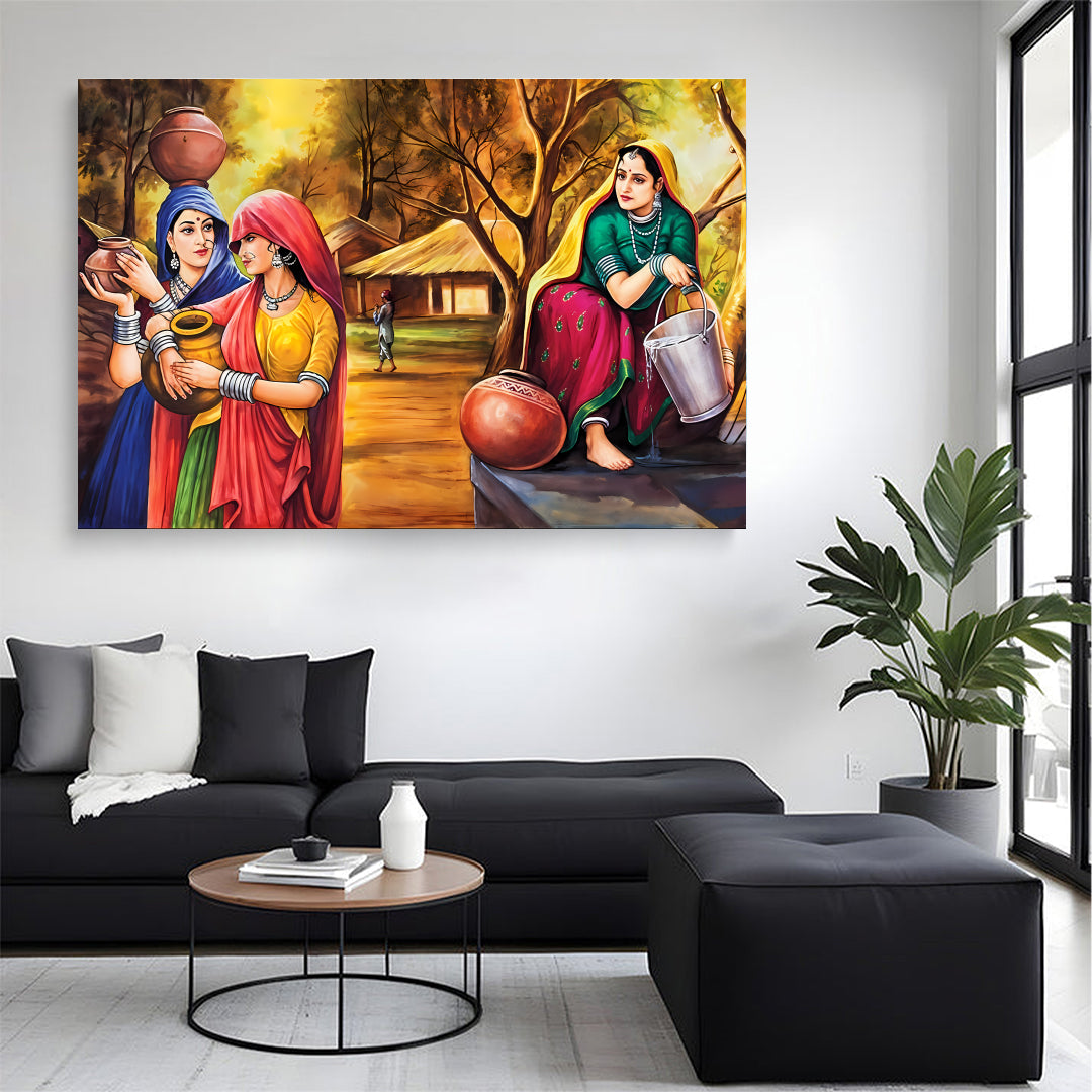 Traditional Indian Women Painting Wall Canvas