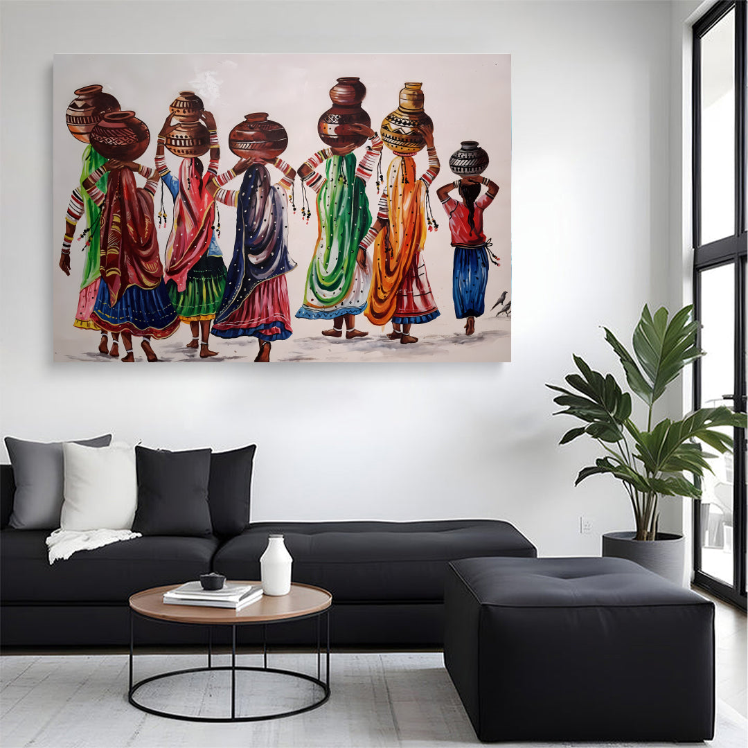 Traditional Women with Water Pots Art Wall Canvas