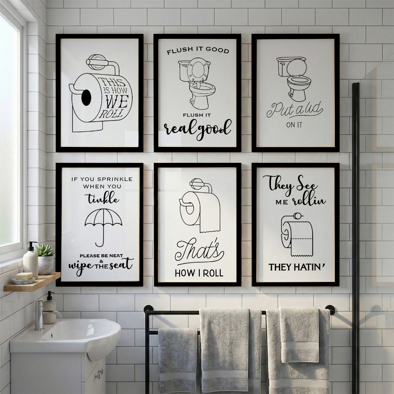 Bathroom Rules & Quotes Wall Art Set of 6