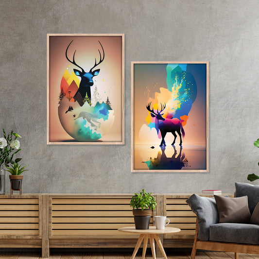 Vibrant Abstract Deer Spirit Art Set Wall Frame