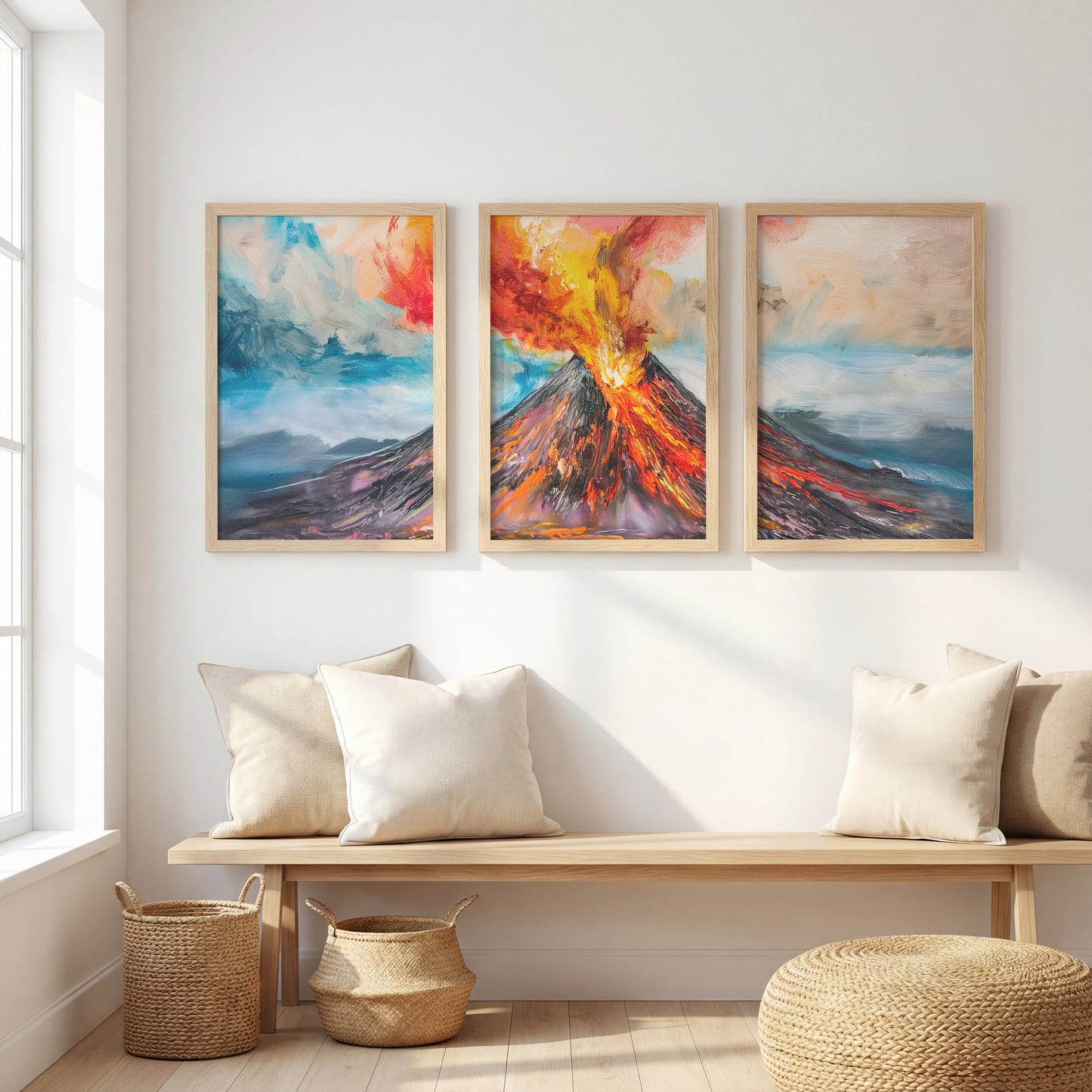 Erupting Volcano Landscape Wall Frames Set of 3