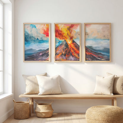 Erupting Volcano Landscape Wall Frames Set of 3