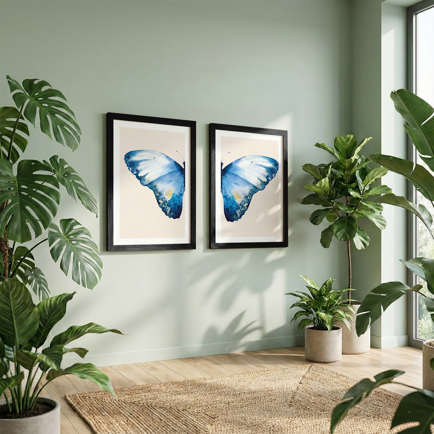 Blue Butterfly Botanical Wall Art Set of 2