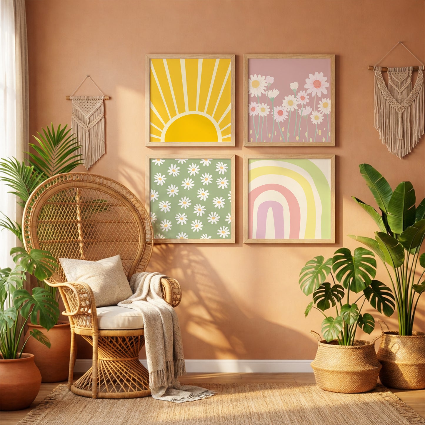 Boho Sunshine & Daisy Wall Art Frame Set of 4