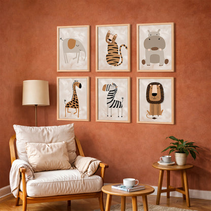 Cute Safari Animals Kids Wall Frame Set of 6