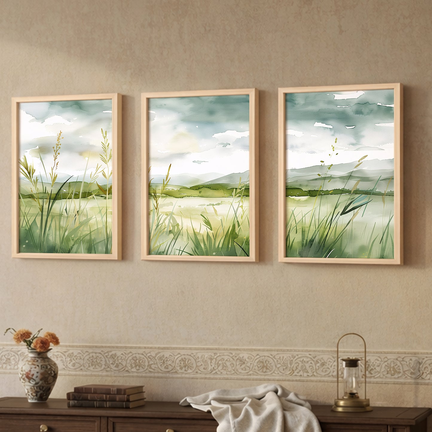 Serene Green Meadow Landscape Wall Art Set of 3