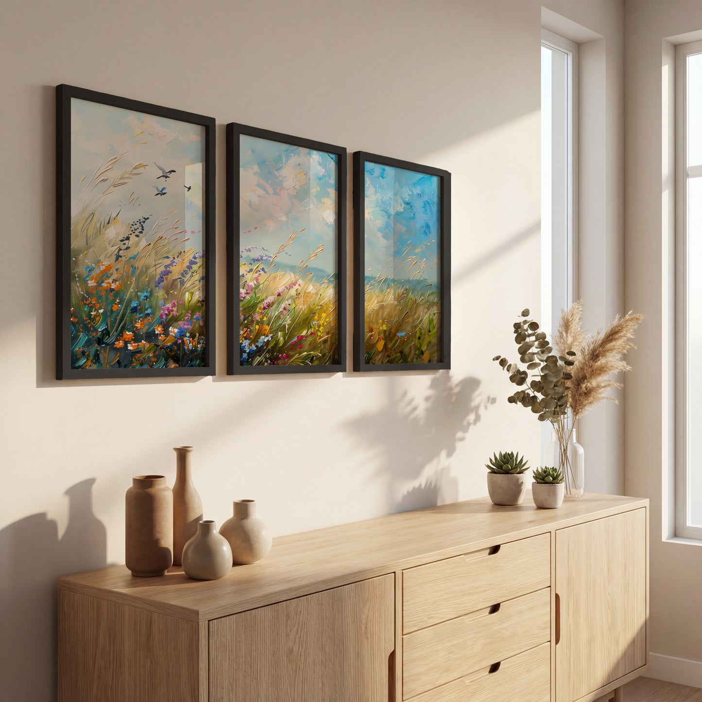 Wildflower Meadow Landscape Wall Art Set of 3