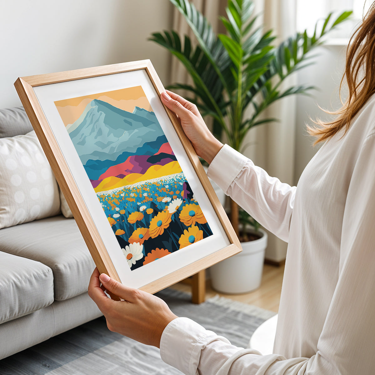 Mountain & Wildflower Landscape Wall Frame – Set of 1