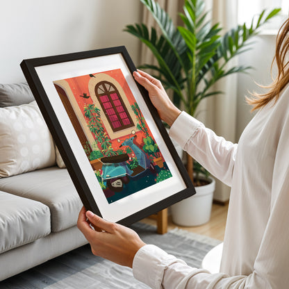 Vintage Scooter Courtyard Framed Wall Art Print