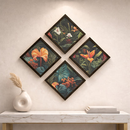 Tropical Botanical Floral Wall Frame Set of 4