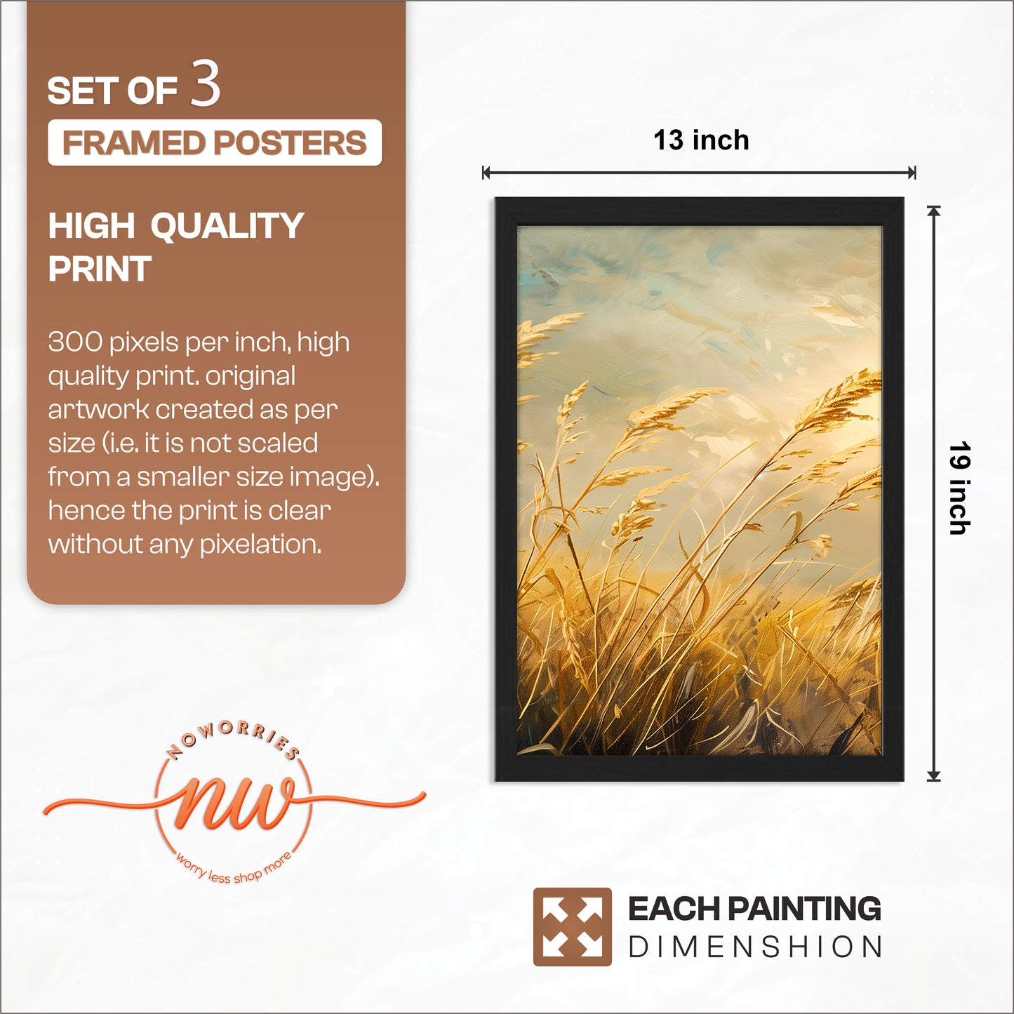 Golden Wheat Field Wall Art Frames Set of 3