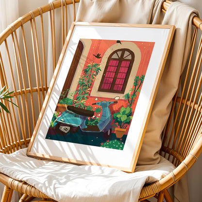 Vintage Scooter Courtyard Framed Wall Art Print