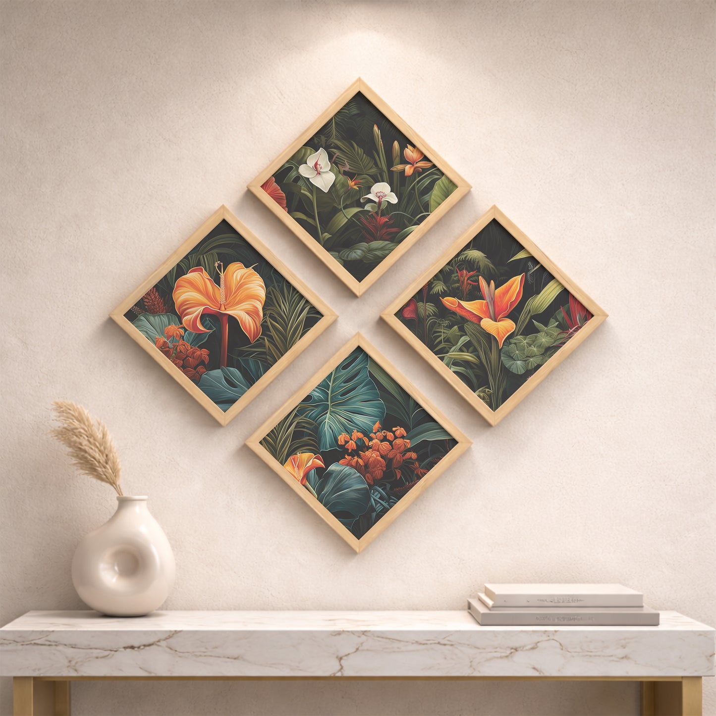 Tropical Botanical Floral Wall Frame Set of 4