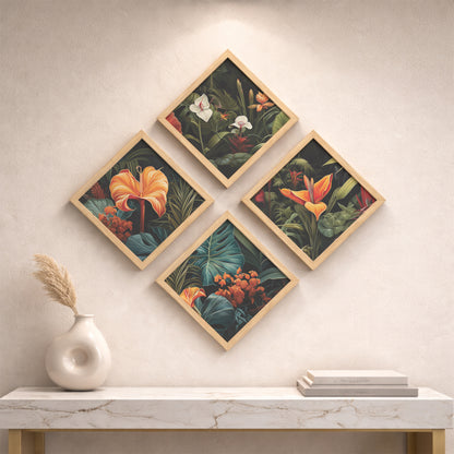 Tropical Botanical Floral Wall Frame Set of 4