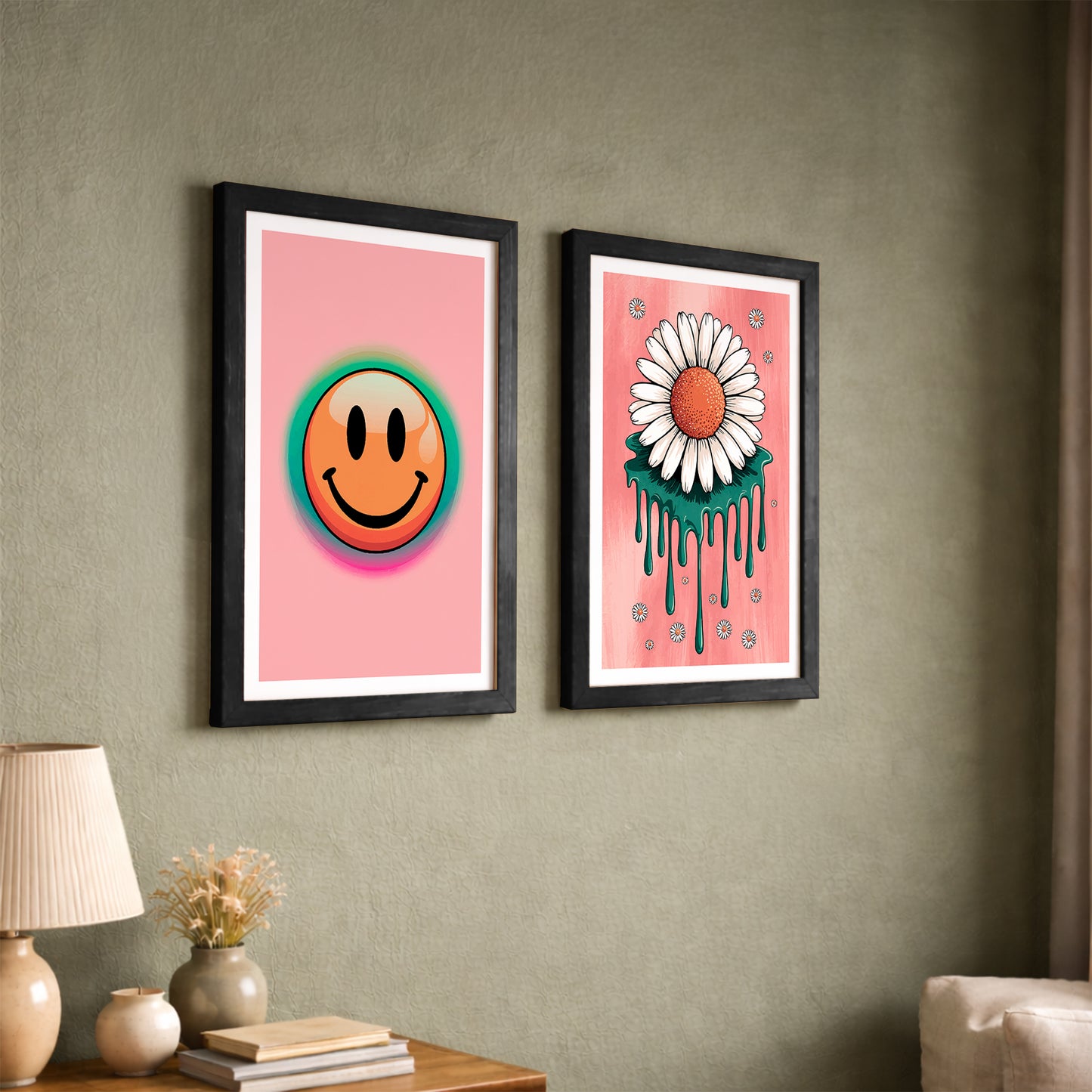 Smiley Daisy Aesthetic Wall Art Set of 2