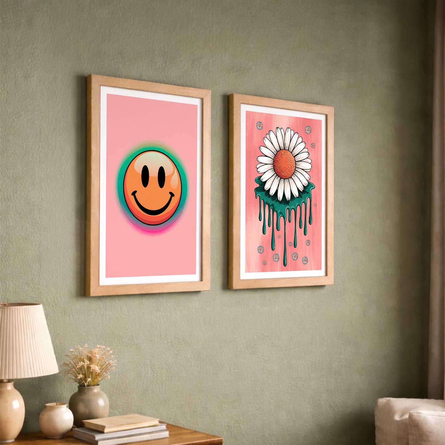 Smiley Daisy Aesthetic Wall Art Set of 2