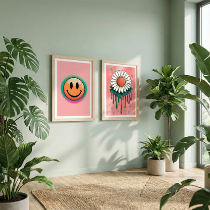 Smiley Daisy Aesthetic Wall Art Set of 2