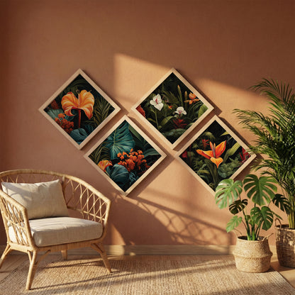 Tropical Botanical Floral Wall Frame Set of 4