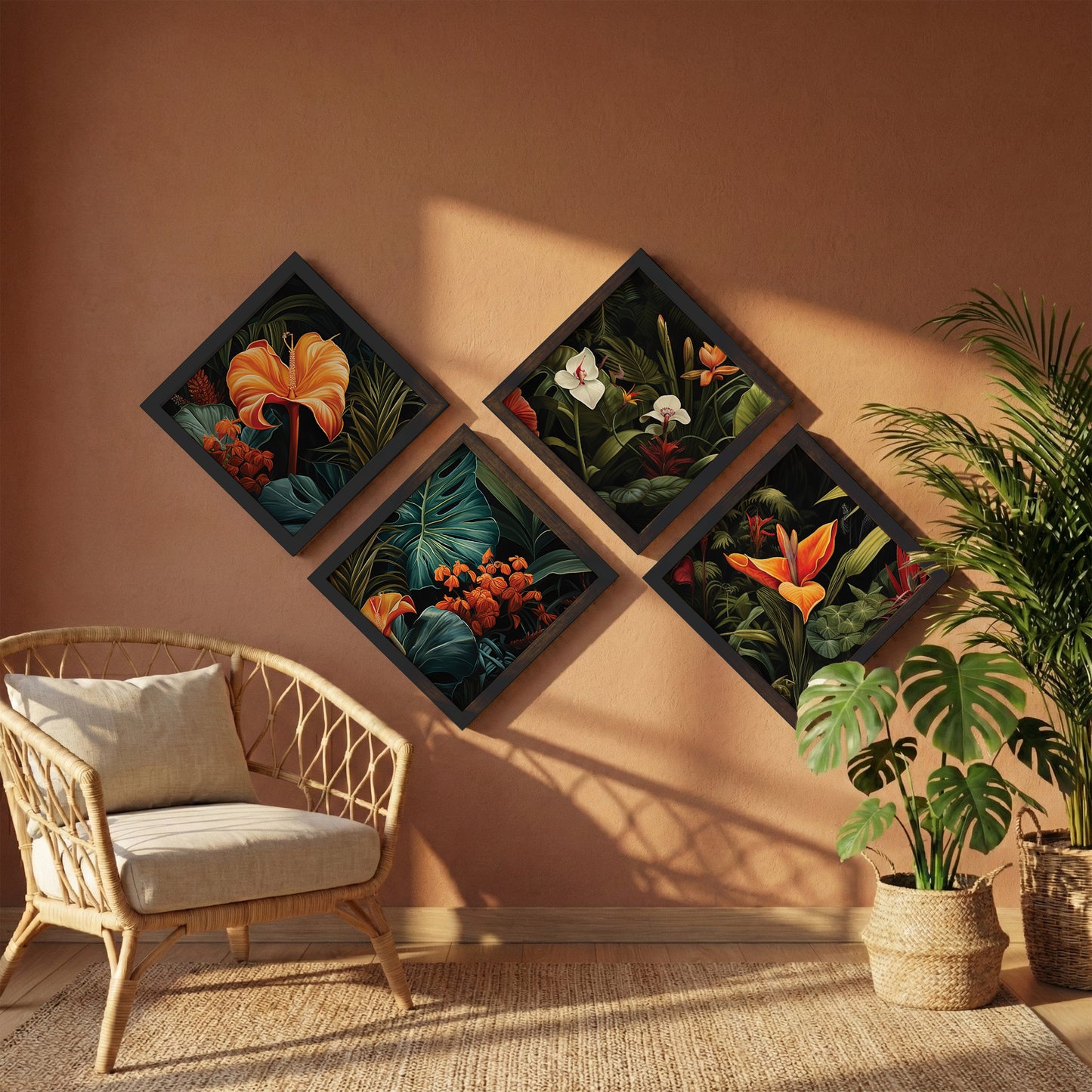 Tropical Botanical Floral Wall Frame Set of 4