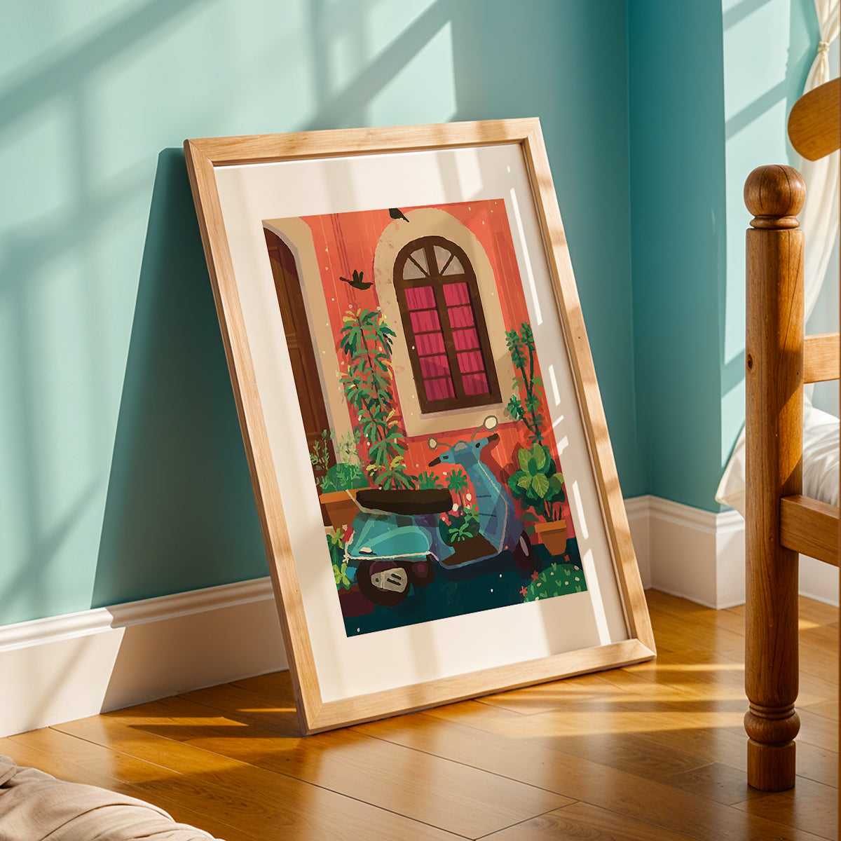 Vintage Scooter Courtyard Framed Wall Art Print