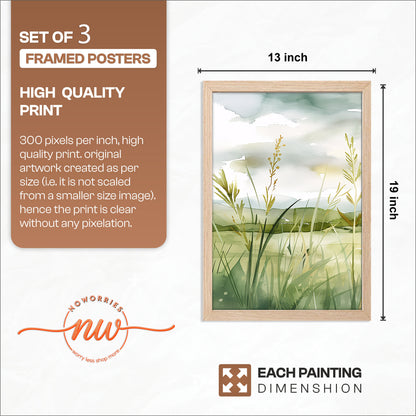 Serene Green Meadow Landscape Wall Art Set of 3