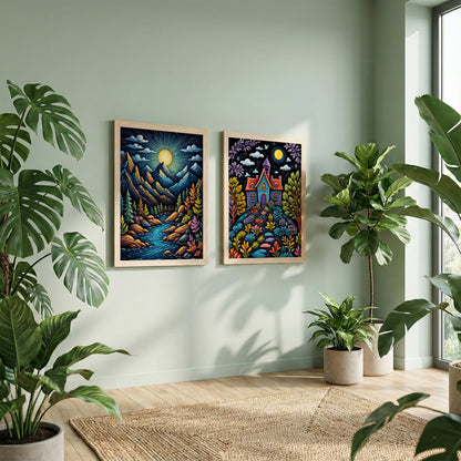 Moonlit Nature & Dream House Wall Frame Set of 2