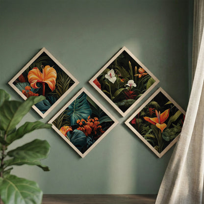 Tropical Botanical Floral Wall Frame Set of 4