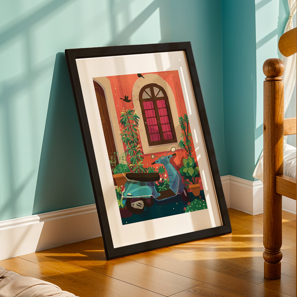 Vintage Scooter Courtyard Framed Wall Art Print