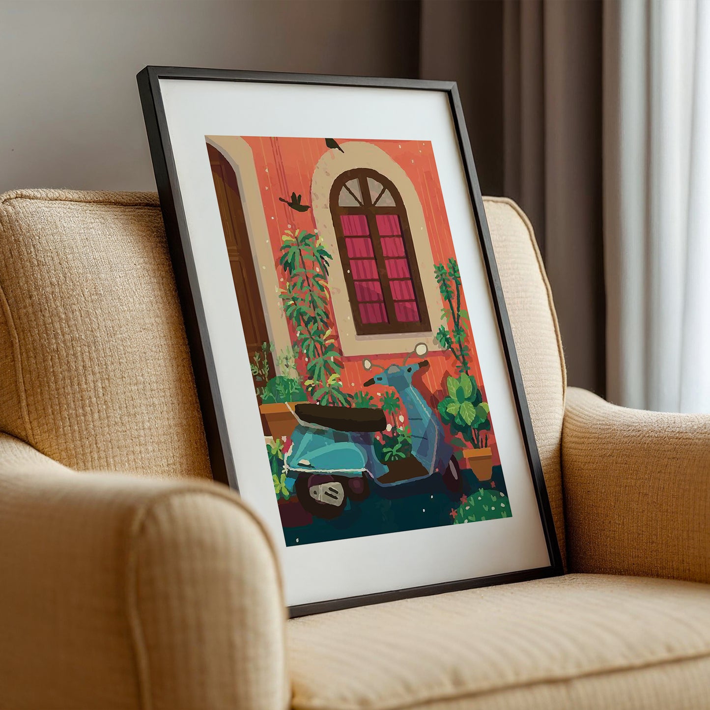 Vintage Scooter Courtyard Framed Wall Art Print