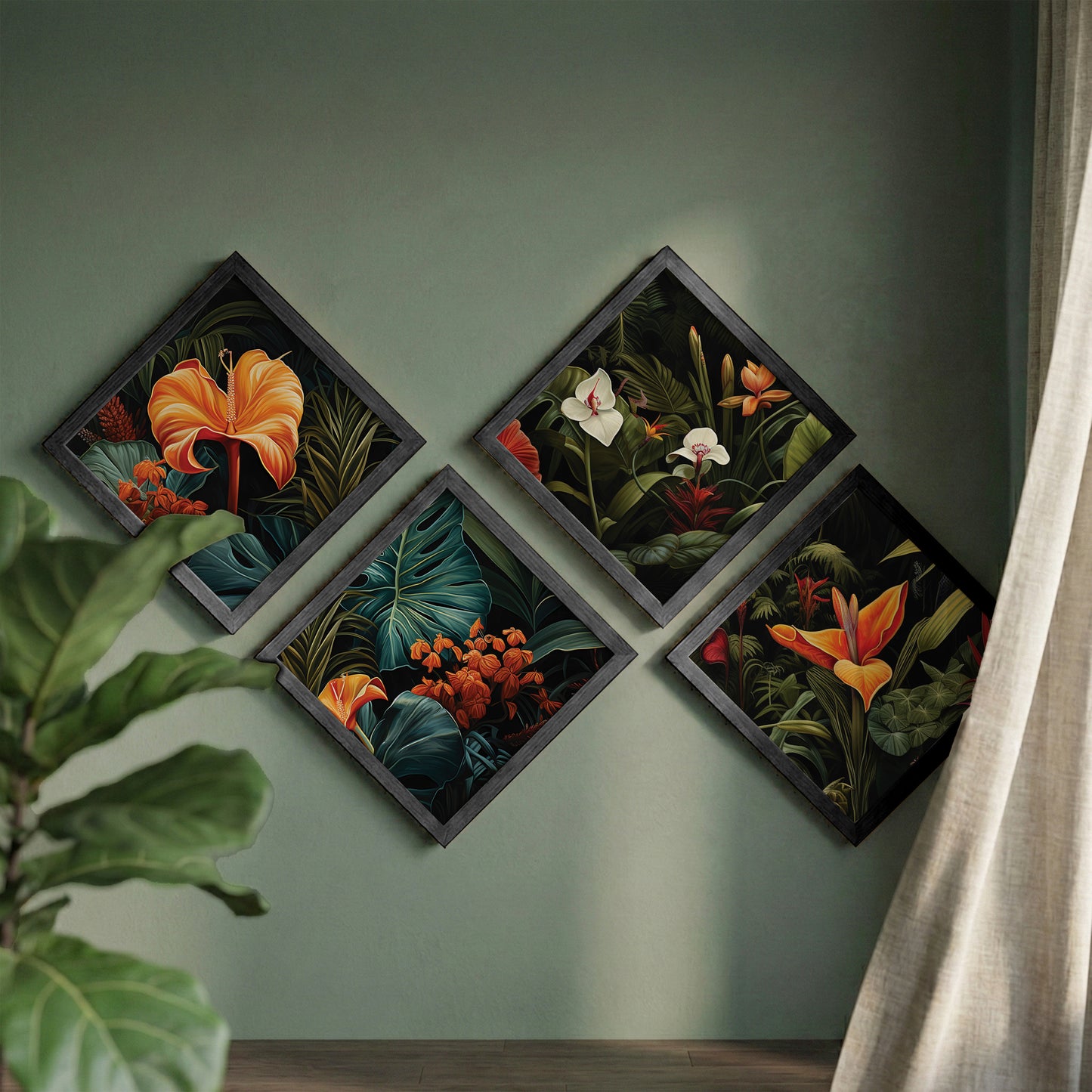 Tropical Botanical Floral Wall Frame Set of 4