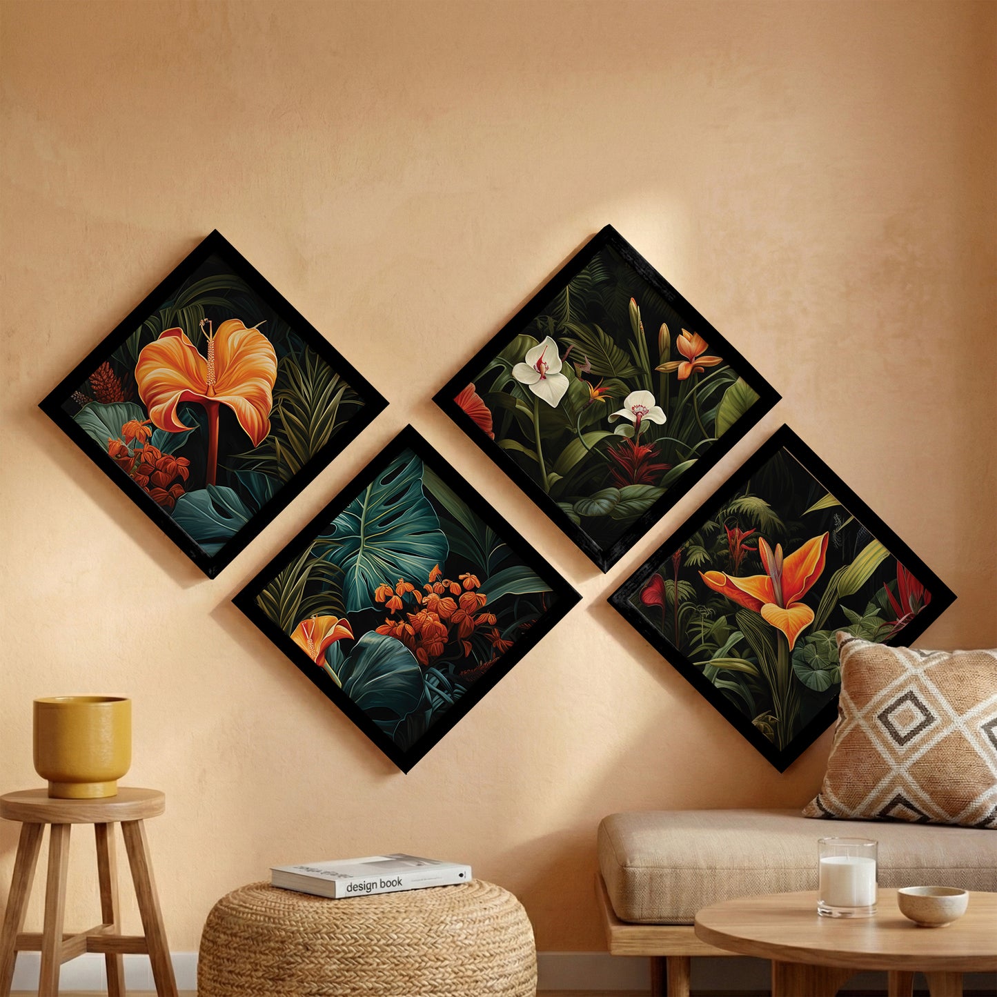 Tropical Botanical Floral Wall Frame Set of 4