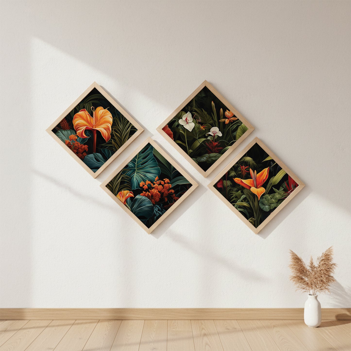 Tropical Botanical Floral Wall Frame Set of 4