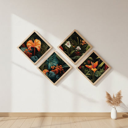 Tropical Botanical Floral Wall Frame Set of 4