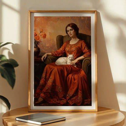 Elegant Lady with White Cat Vintage Portrait Print