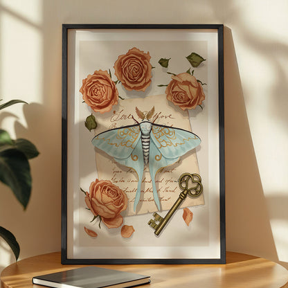 Vintage Moth & Roses Botanical Framed Wall Art