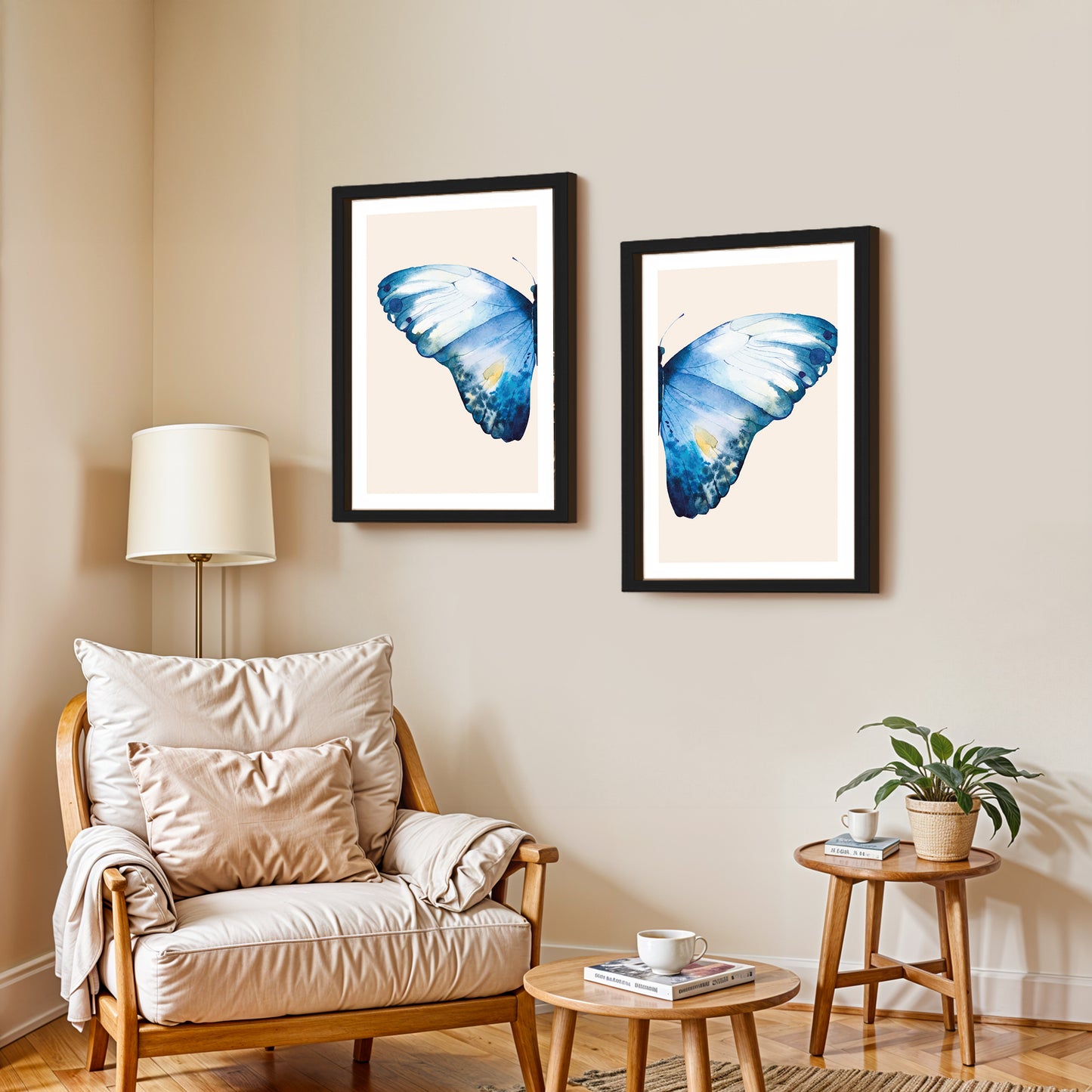 Blue Butterfly Botanical Wall Art Set of 2