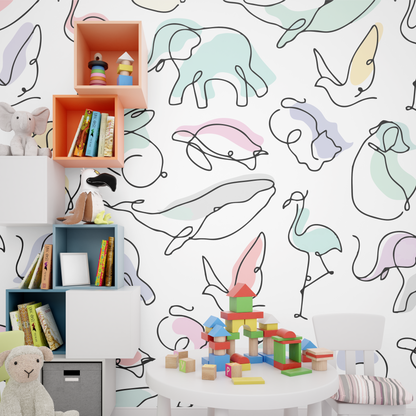 Minimalist One-Line Pastel Animal Pattern Wall Sticker
