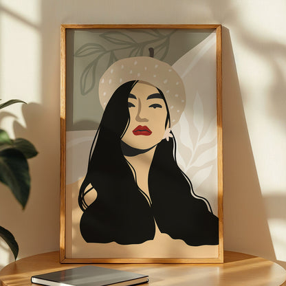 Boho Beret Girl Minimalist Framed Wall Art