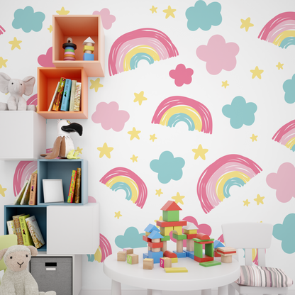 Pastel Rainbow, Star, and Cloud Pattern Wall Sticker